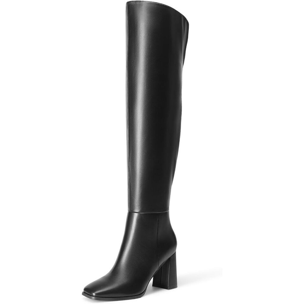 Women's Black Faux Leather Thigh High Block Chunky Heeled Knee High Long Boots
